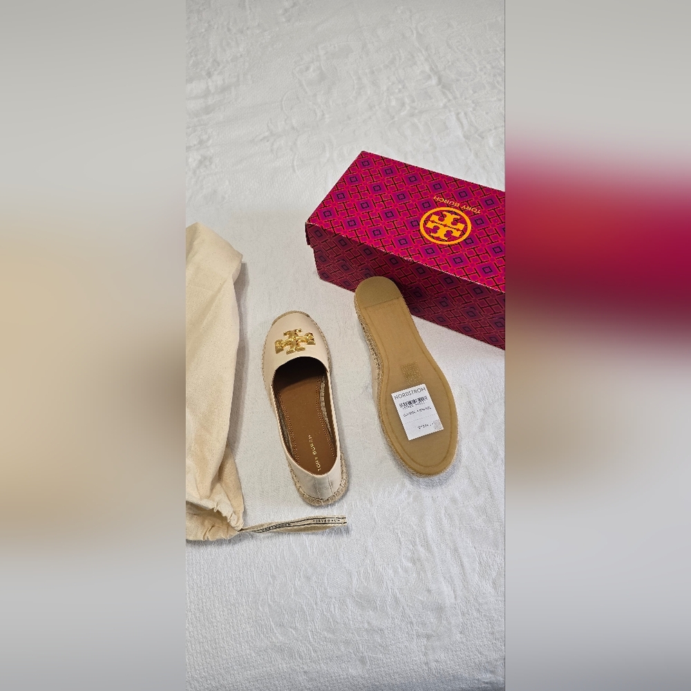 Tory Burch Cream Espadrille Flats with Gold Medallion
